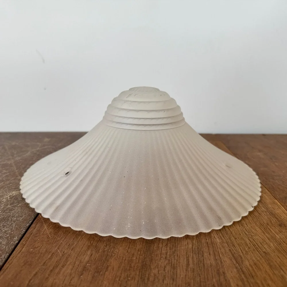 MCM Vintage White Frosted Glass Lamp Shade Scalloped Edge Ribbed Design Art Deco